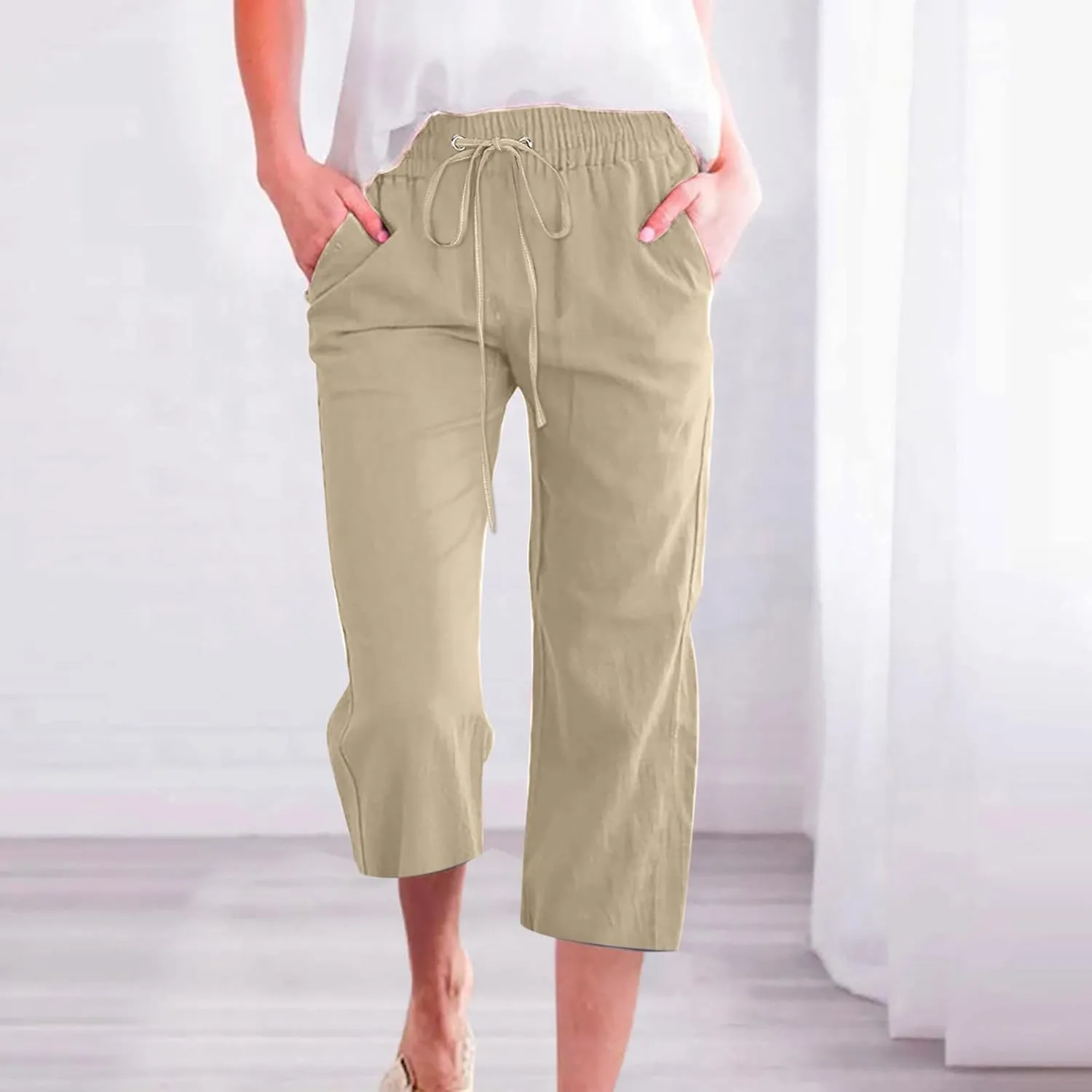 Capri Pants for Women 2025 Summer Drawstring Elastic High Waist Casual Capris Straight Wide Leg Cotton Linen Pants