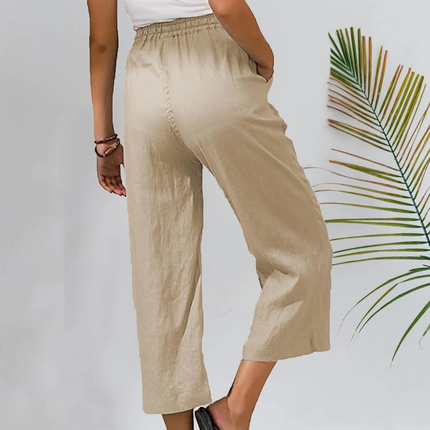 Capri Pants for Women 2025 Summer Drawstring Elastic High Waist Casual Capris Straight Wide Leg Cotton Linen Pants