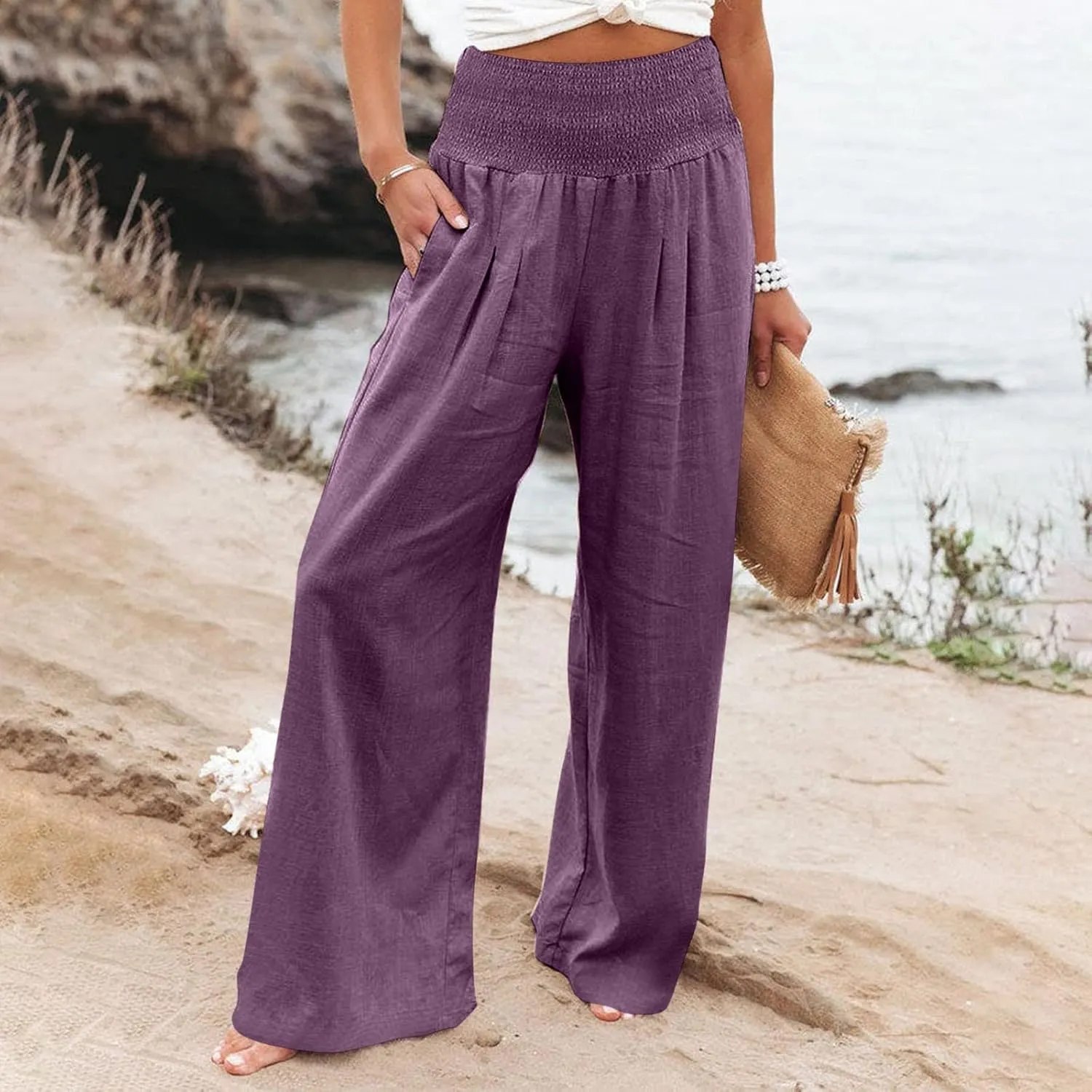 Capri Pants for Women,Women High Waisted Capri Pants Wide Leg Summer Capris Casual Palazzo Pants with Pockets