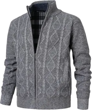Cardigan Men's Long Sleeve Stand-up Collar Cardigan Fleece Jacket with Cable Knit Zipper Jacket Knitted Sweater
