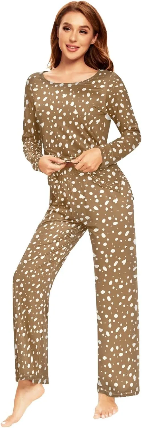 CaTaKu Women's Deer Skin Brown Pajama Set 2 Piece Lounge Set Women Long Sleeve Ladies Pjs Set