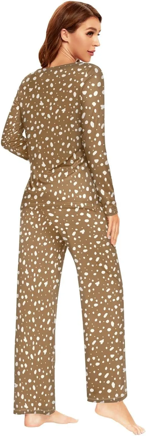 CaTaKu Women's Deer Skin Brown Pajama Set 2 Piece Lounge Set Women Long Sleeve Ladies Pjs Set