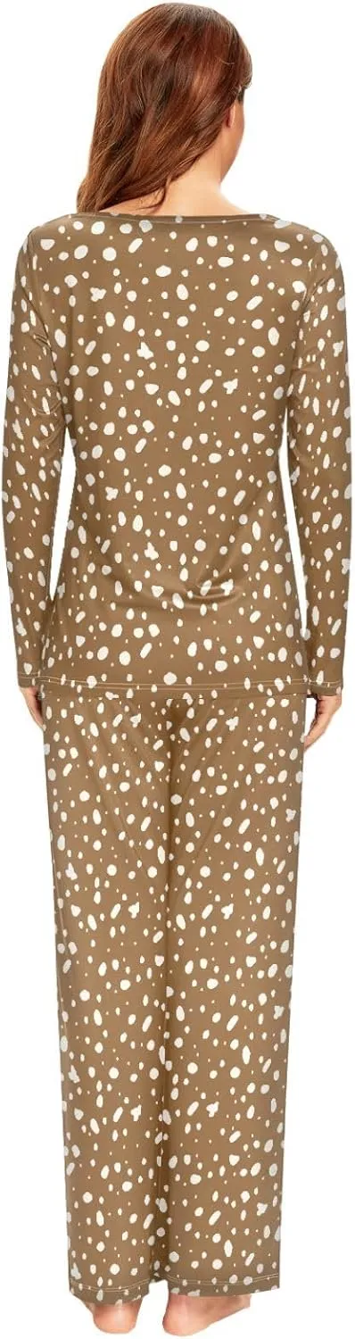 CaTaKu Women's Deer Skin Brown Pajama Set 2 Piece Lounge Set Women Long Sleeve Ladies Pjs Set