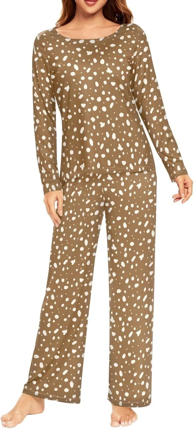 CaTaKu Women's Deer Skin Brown Pajama Set 2 Piece Lounge Set Women Long Sleeve Ladies Pjs Set