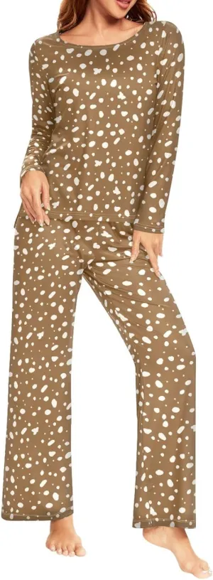 CaTaKu Women's Deer Skin Brown Pajama Set 2 Piece Lounge Set Women Long Sleeve Ladies Pjs Set