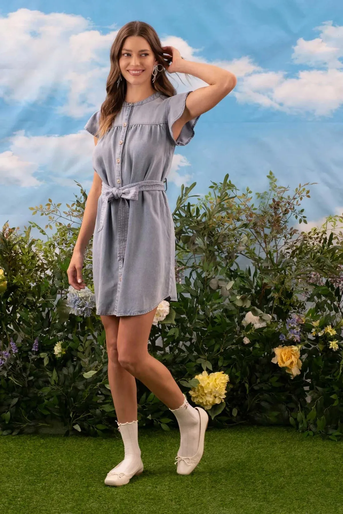 Chambray Denim Belted Dress