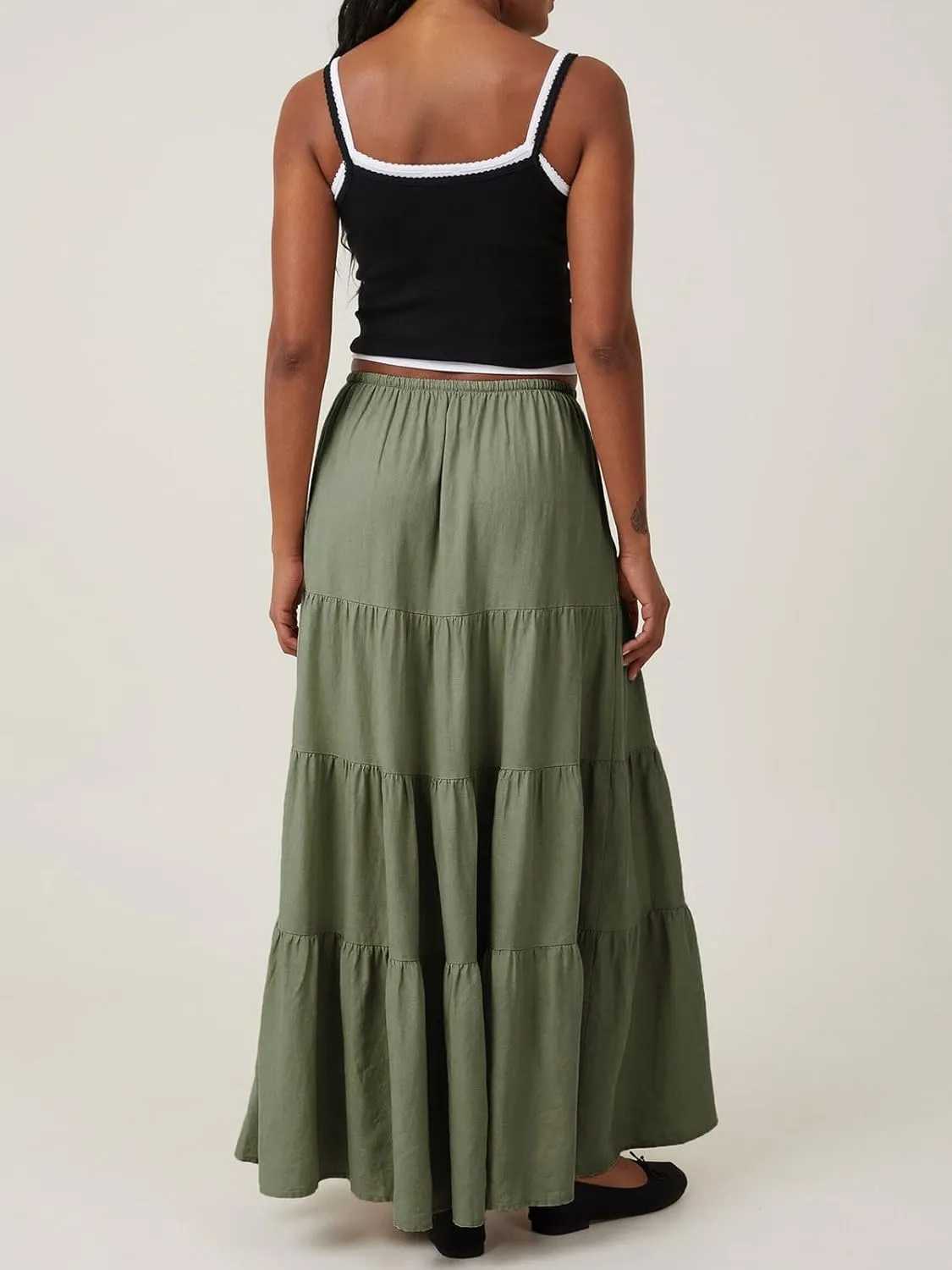 CHARTOU Women's Boho Cotton Tiered Maxi Skirt Elastic Waist Drawstring A Line Long Skirts Summer Beach Skirt