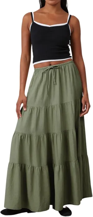 CHARTOU Women's Boho Cotton Tiered Maxi Skirt Elastic Waist Drawstring A Line Long Skirts Summer Beach Skirt