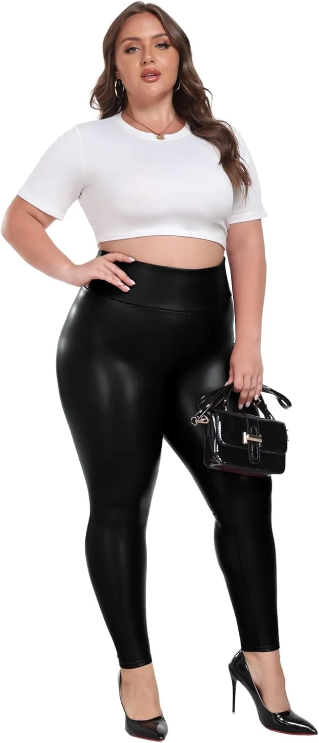 Cheapestbuy Women's Plus Size Faux Leather Leggings High Waisted Pleather Pants Sexy PU Butt Lifting Leather Tights