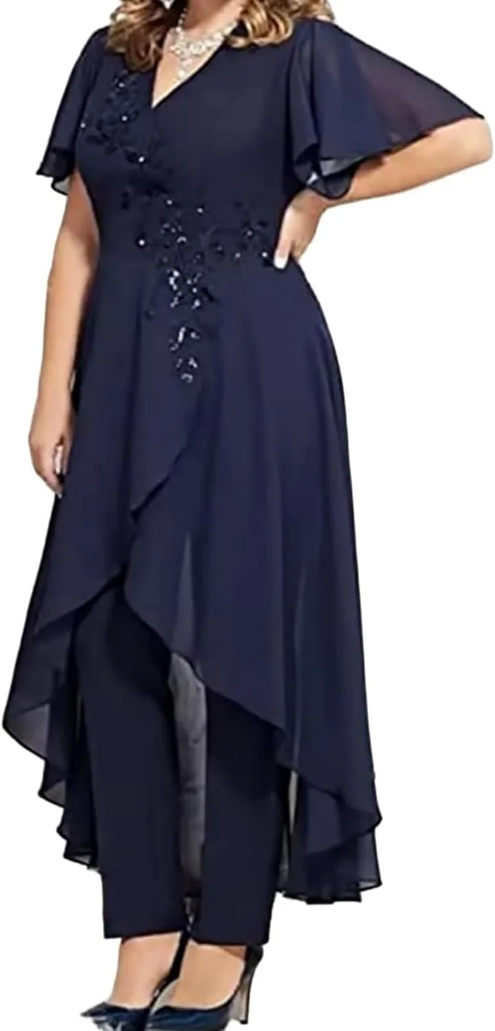 Chiffon Beaded Pantsuits for Women 2 Pieces Mother of The Bride Dresses V Neck Pant Suits for Weeding