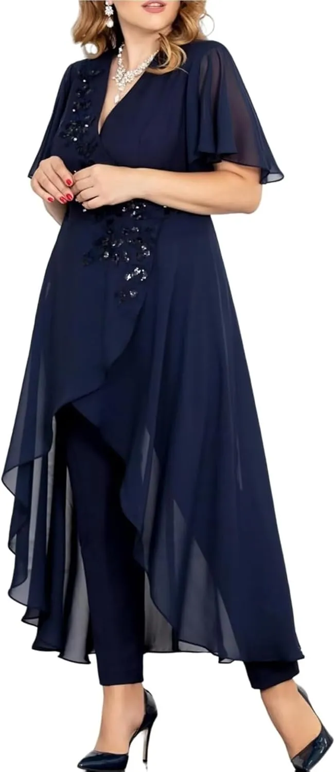 Chiffon Beaded Pantsuits for Women 2 Pieces Mother of The Bride Dresses V Neck Pant Suits for Weeding