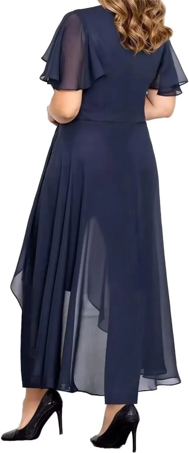 Chiffon Beaded Pantsuits for Women 2 Pieces Mother of The Bride Dresses V Neck Pant Suits for Weeding