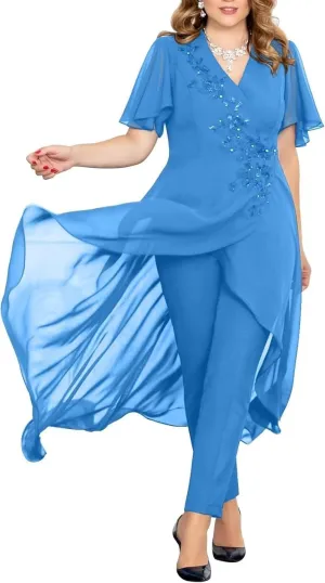 Chiffon Beaded Pantsuits for Women 2 Pieces Mother of The Bride Dresses V Neck Pant Suits for Weeding