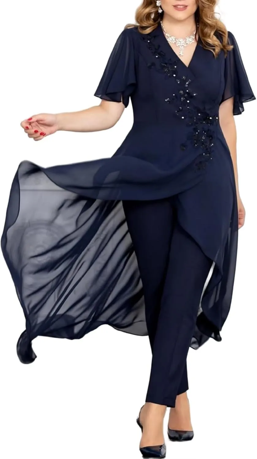 Chiffon Beaded Pantsuits for Women 2 Pieces Mother of The Bride Dresses V Neck Pant Suits for Weeding