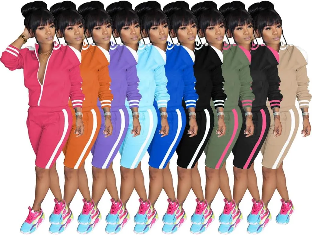 Choichic Jogging Suits for Women - Sweat Suits Set Zipper Hoodies Sweatshirt   Short Pants Athletic Tracksuit Set