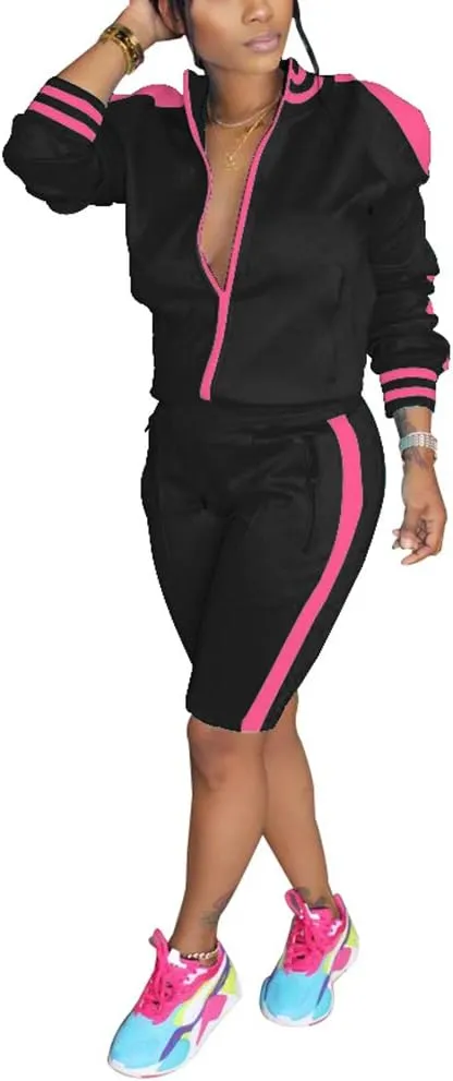 Choichic Jogging Suits for Women - Sweat Suits Set Zipper Hoodies Sweatshirt   Short Pants Athletic Tracksuit Set