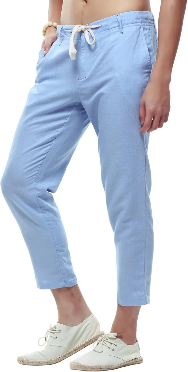 chouyatou Men's Casual Drawstring Straight Fit Beach Linen Capri Pants