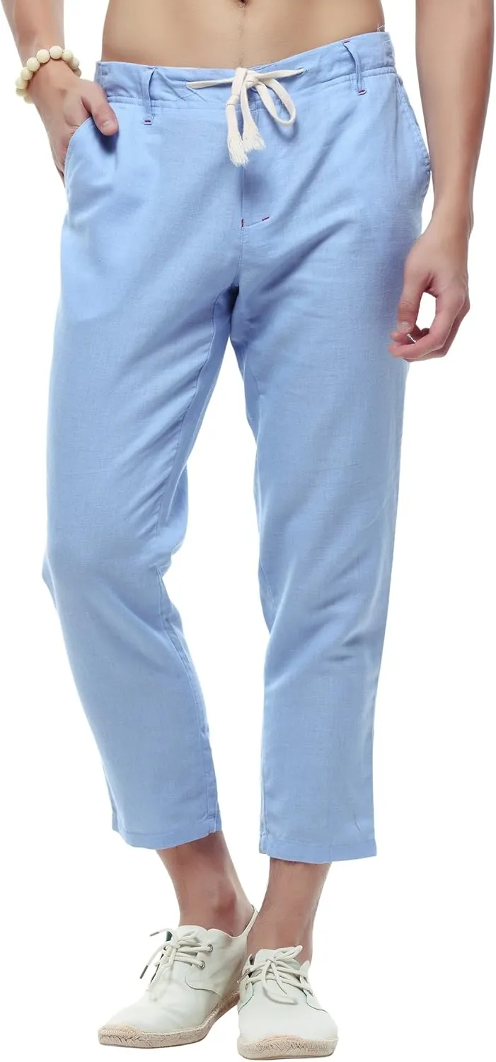 chouyatou Men's Casual Drawstring Straight Fit Beach Linen Capri Pants