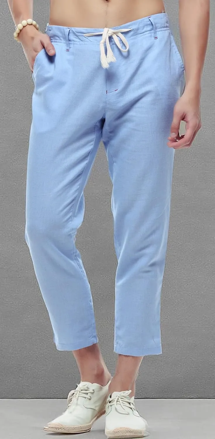 chouyatou Men's Casual Drawstring Straight Fit Beach Linen Capri Pants