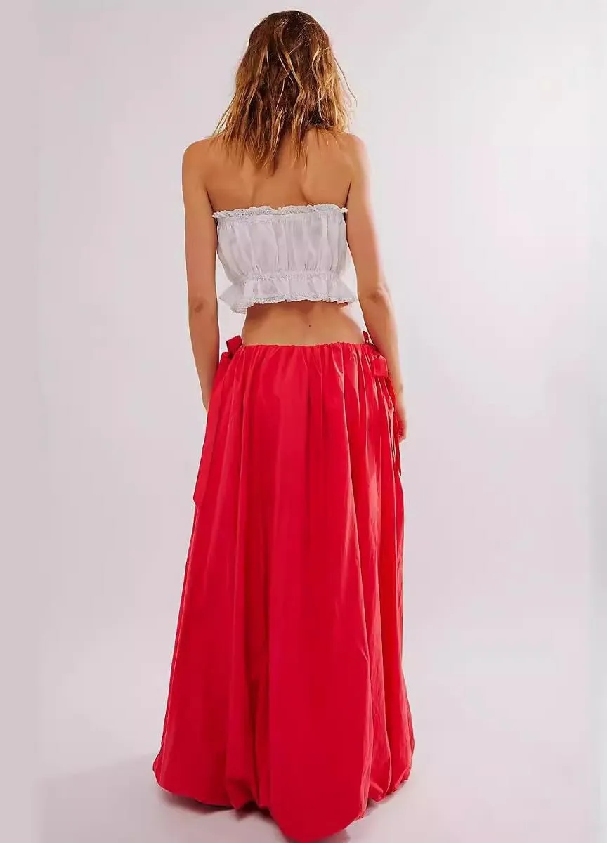 chouyatou Women's Bow Knot Maxi Bubble Skirt Y2K A-Line Long Balloon Skirt with Pockets