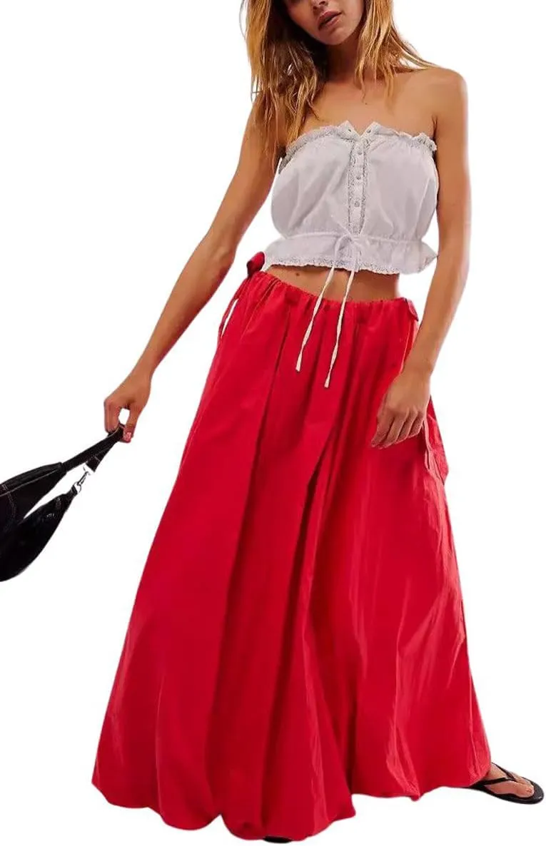 chouyatou Women's Bow Knot Maxi Bubble Skirt Y2K A-Line Long Balloon Skirt with Pockets