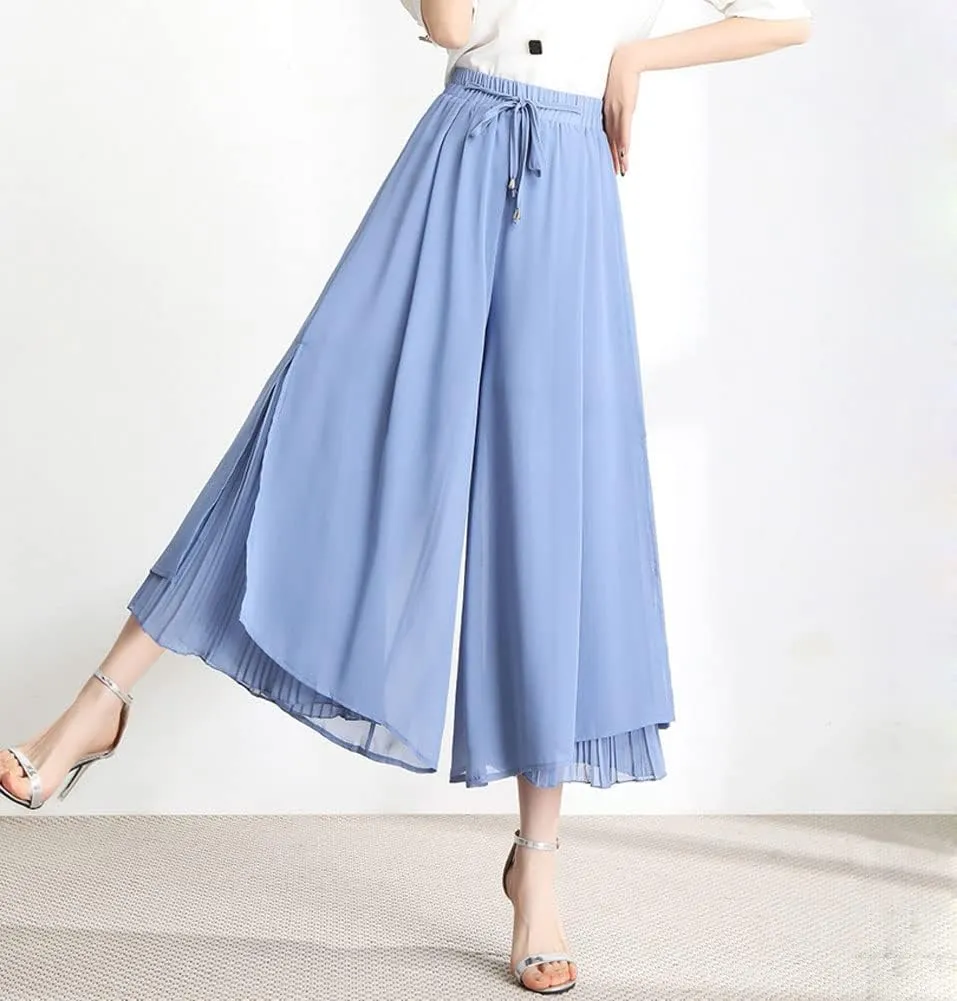chouyatou Women's Chiffon Wide Leg Pants High Waist Pleated Culotte Palazzo Pants Side Slit