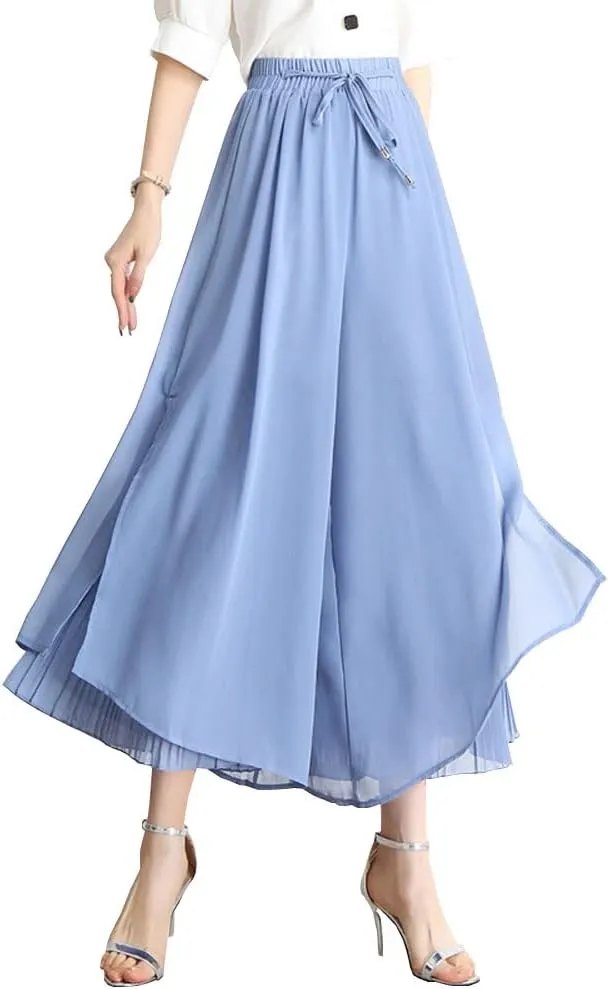 chouyatou Women's Chiffon Wide Leg Pants High Waist Pleated Culotte Palazzo Pants Side Slit