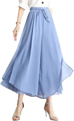chouyatou Women's Chiffon Wide Leg Pants High Waist Pleated Culotte Palazzo Pants Side Slit