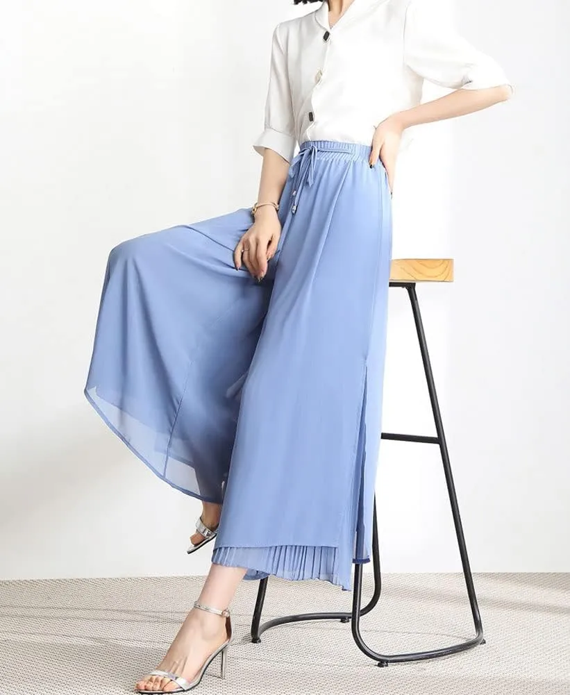 chouyatou Women's Chiffon Wide Leg Pants High Waist Pleated Culotte Palazzo Pants Side Slit