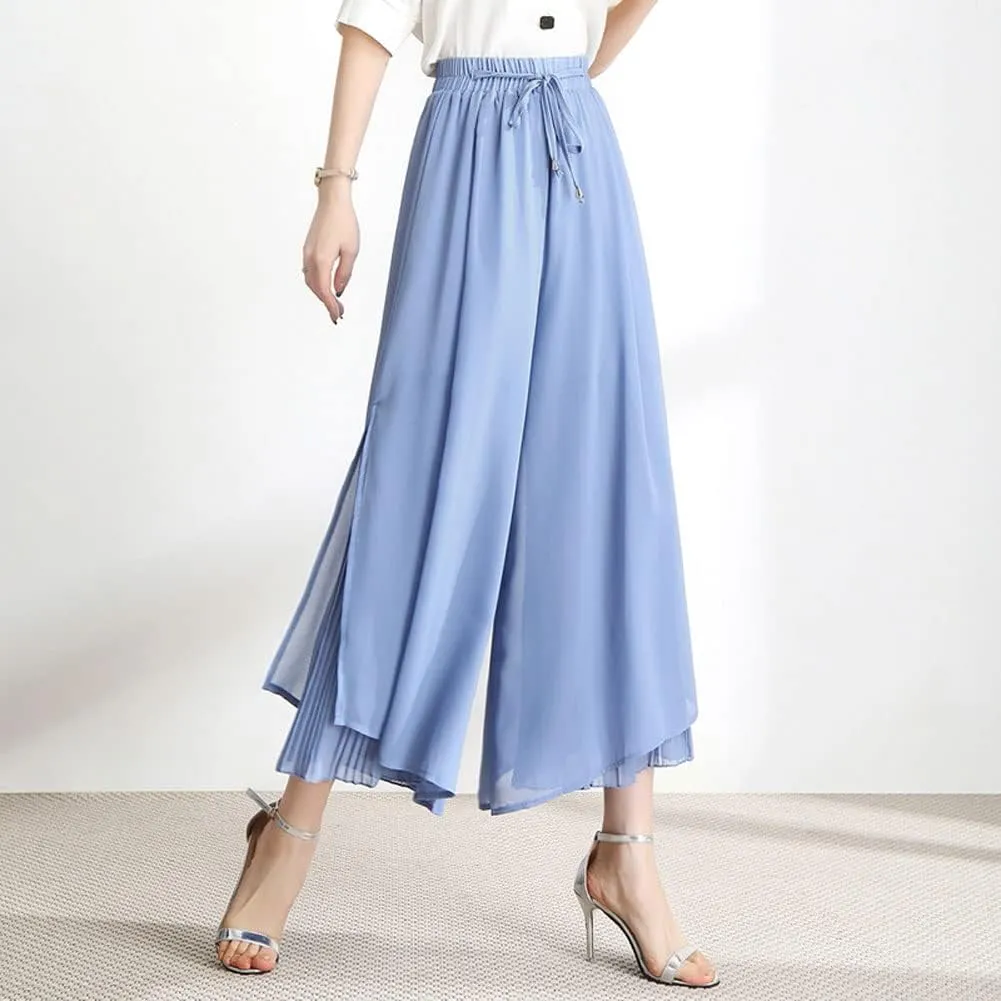 chouyatou Women's Chiffon Wide Leg Pants High Waist Pleated Culotte Palazzo Pants Side Slit