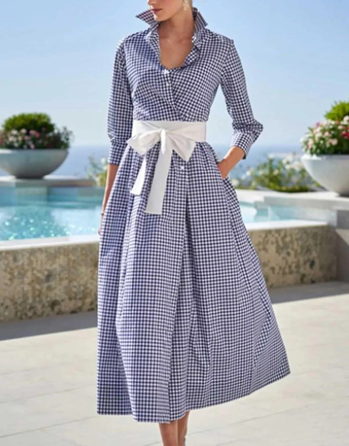 chouyatou Women's Retro Plaid Button Up Maxi Shirt Dress 3/4 Sleeve Gingham Pocketed Long Dress with Belt