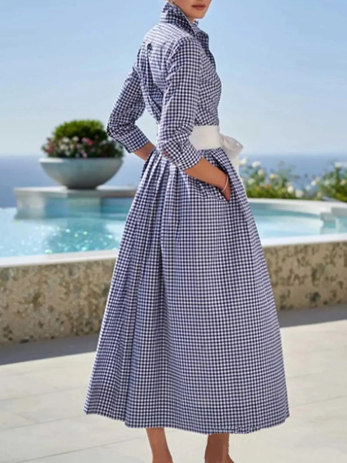 chouyatou Women's Retro Plaid Button Up Maxi Shirt Dress 3/4 Sleeve Gingham Pocketed Long Dress with Belt