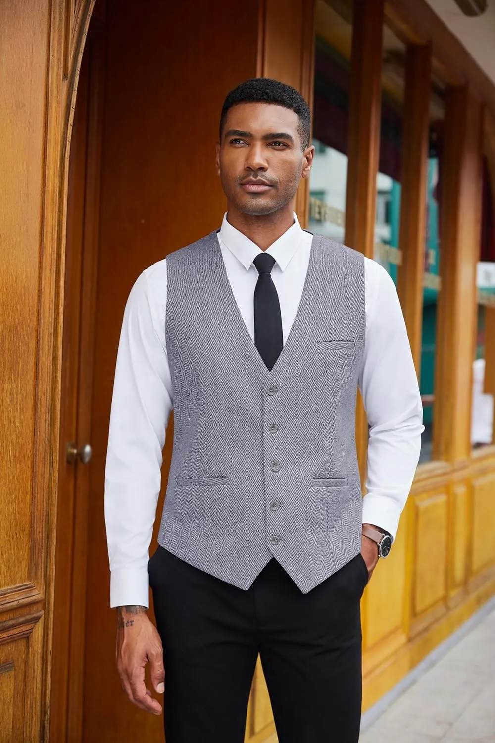 COOFANDY Men's Herringbone Tweed Suit Vests Slim Fit Waistcoat Casual Business Dress Vest