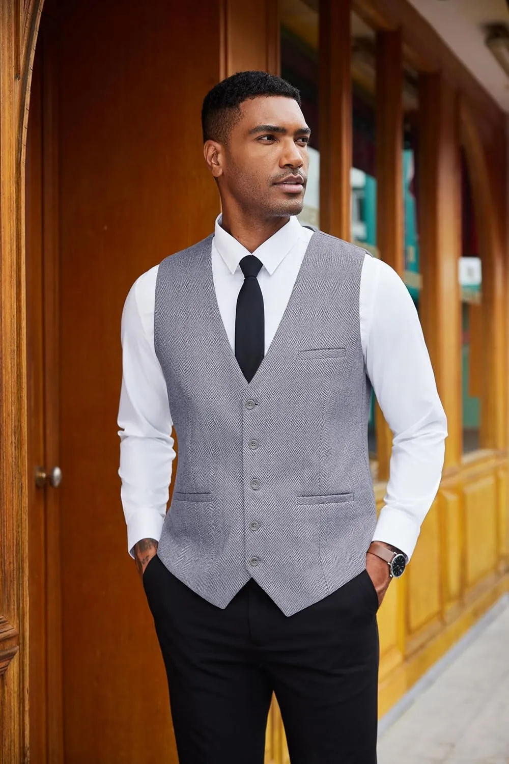 COOFANDY Men's Herringbone Tweed Suit Vests Slim Fit Waistcoat Casual Business Dress Vest