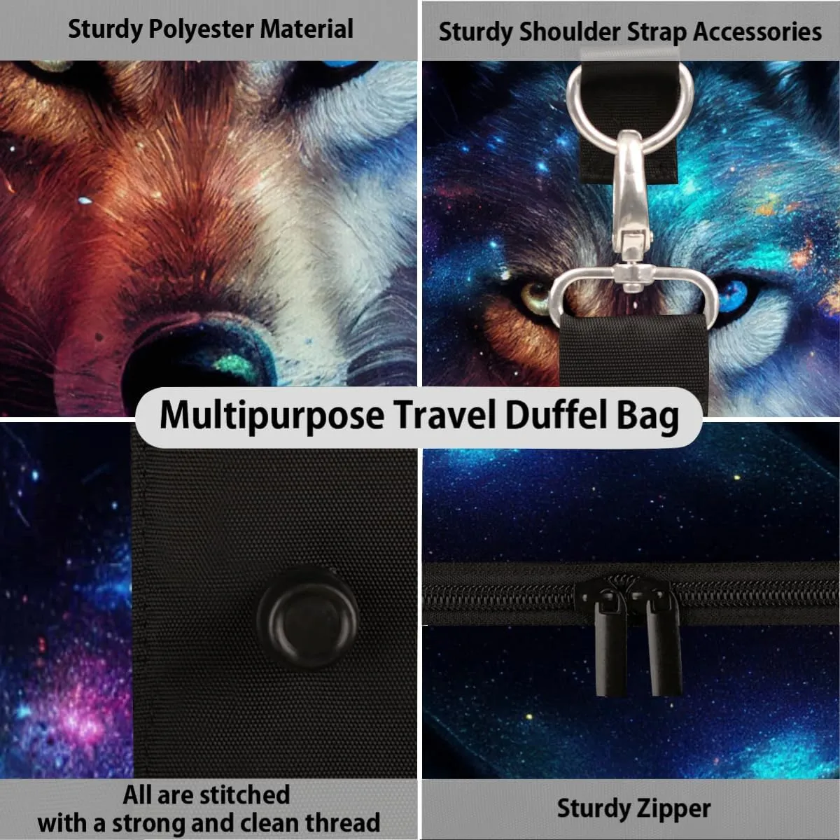 Cool Galaxy Animal Wolf Travel Duffel Bag for Women Men Small Sport Gym Bag Waterproof Weekender Overnight Bag Lightweight Carry on bag Foldable Gym Bag for Training Swim Yoga Traveling Handbag