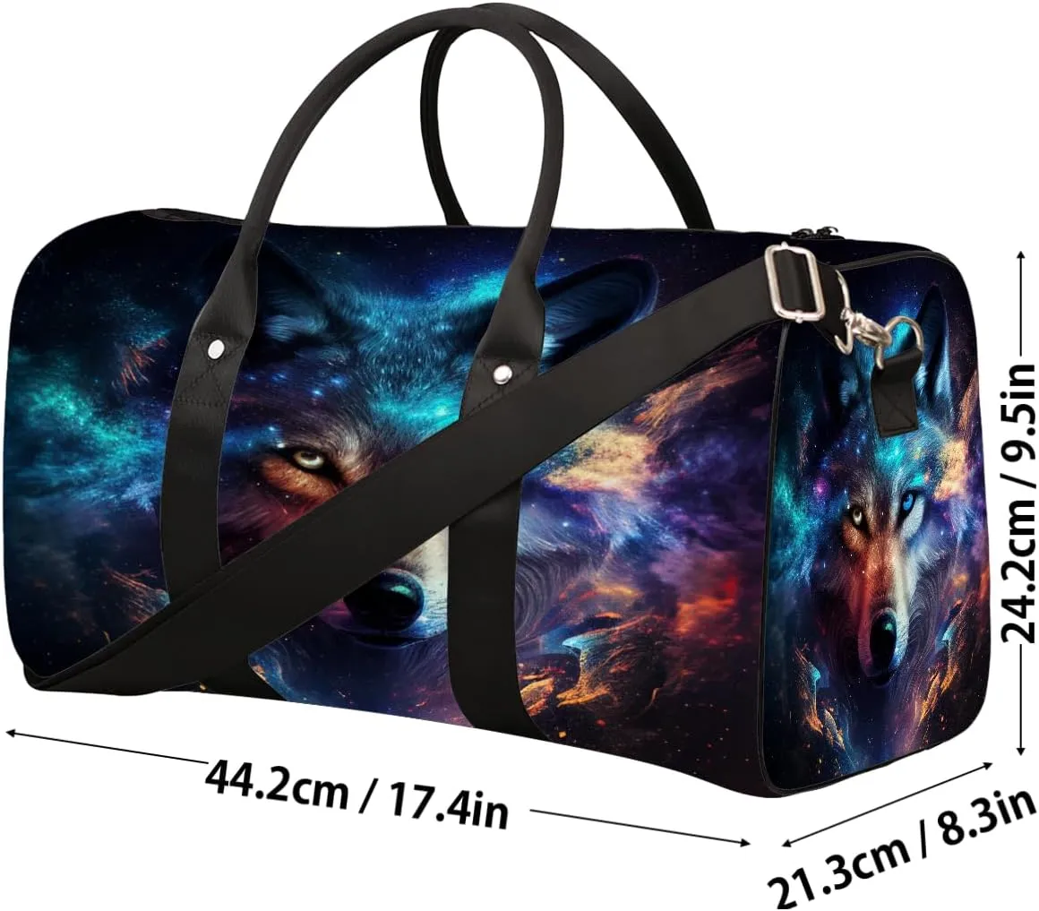 Cool Galaxy Animal Wolf Travel Duffel Bag for Women Men Small Sport Gym Bag Waterproof Weekender Overnight Bag Lightweight Carry on bag Foldable Gym Bag for Training Swim Yoga Traveling Handbag