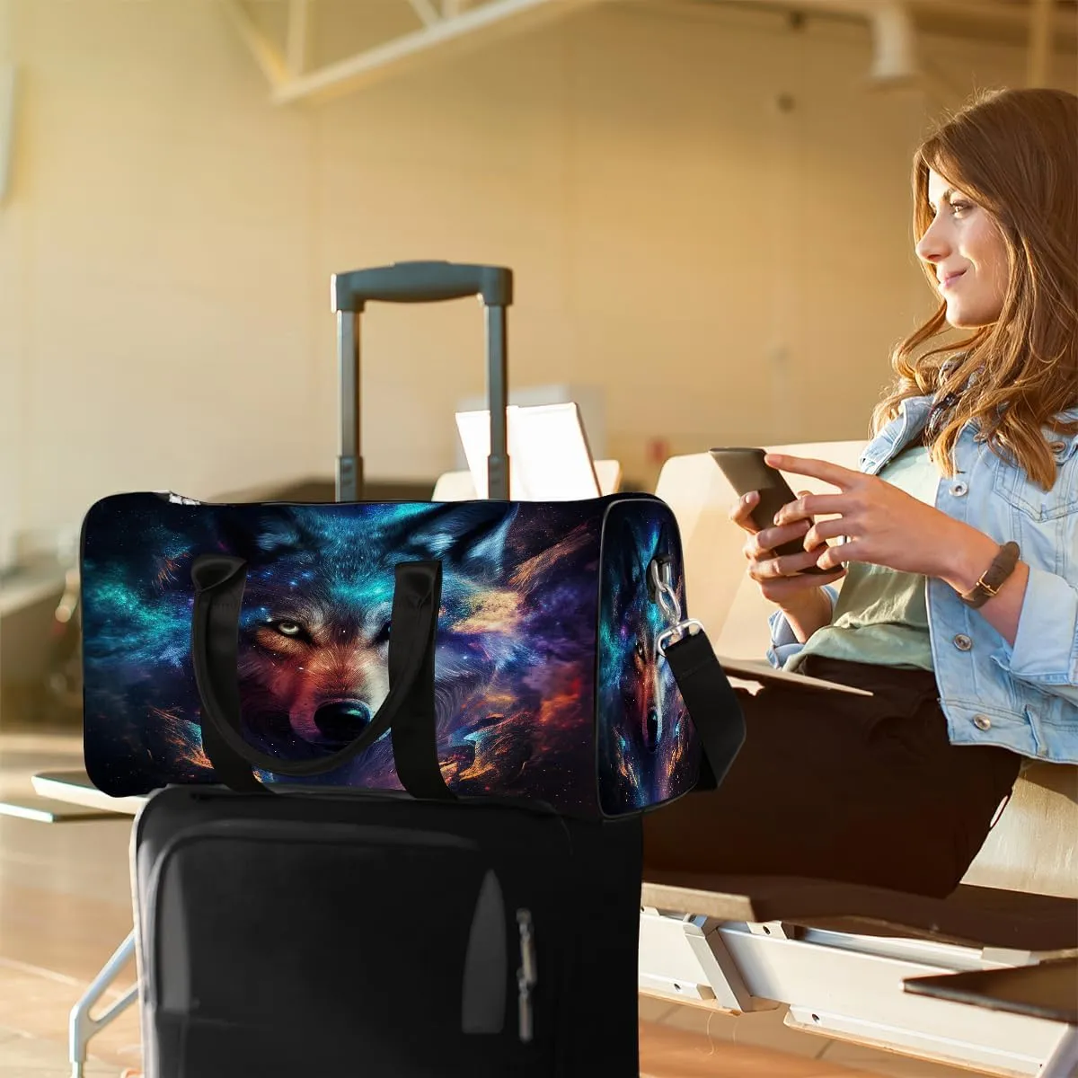 Cool Galaxy Animal Wolf Travel Duffel Bag for Women Men Small Sport Gym Bag Waterproof Weekender Overnight Bag Lightweight Carry on bag Foldable Gym Bag for Training Swim Yoga Traveling Handbag