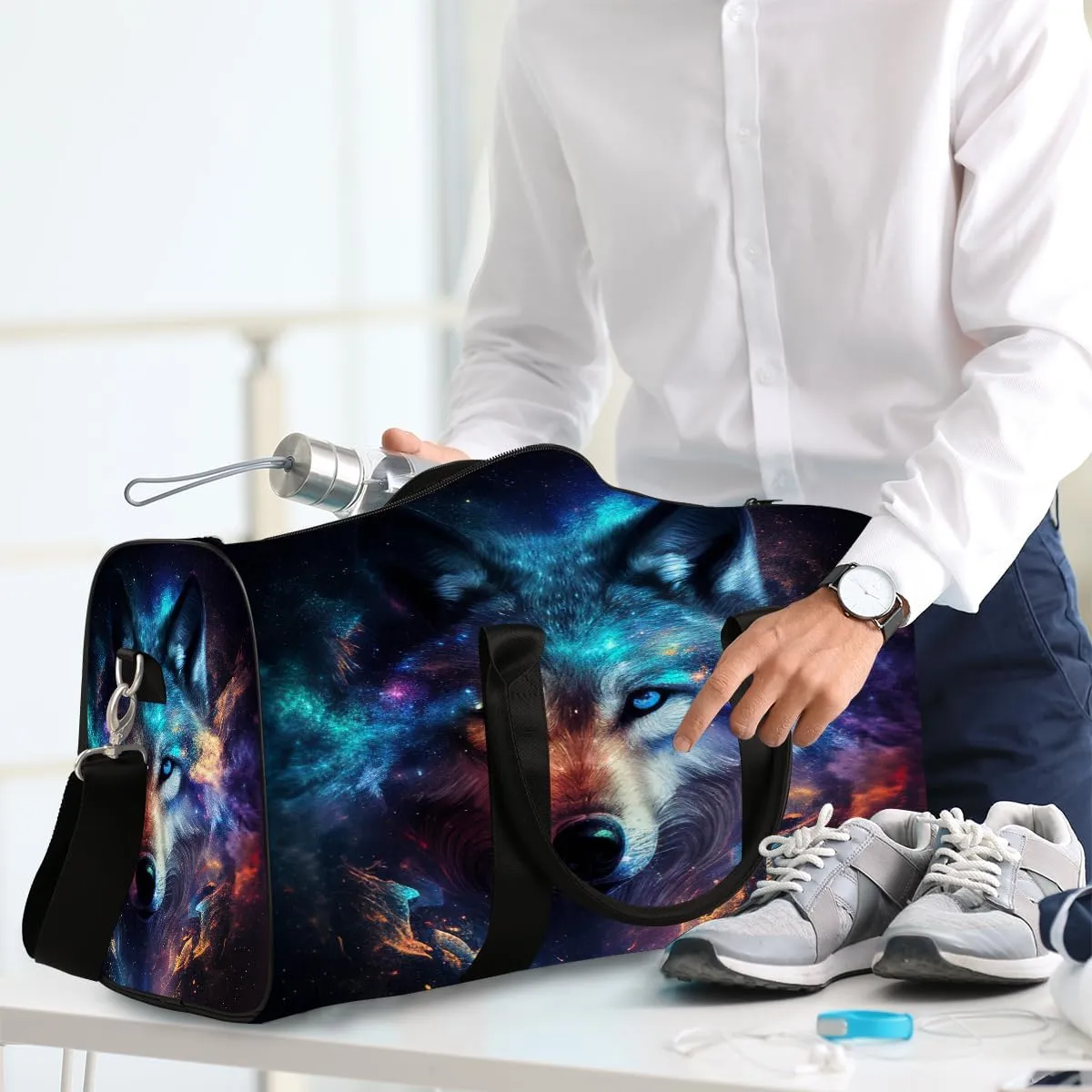 Cool Galaxy Animal Wolf Travel Duffel Bag for Women Men Small Sport Gym Bag Waterproof Weekender Overnight Bag Lightweight Carry on bag Foldable Gym Bag for Training Swim Yoga Traveling Handbag