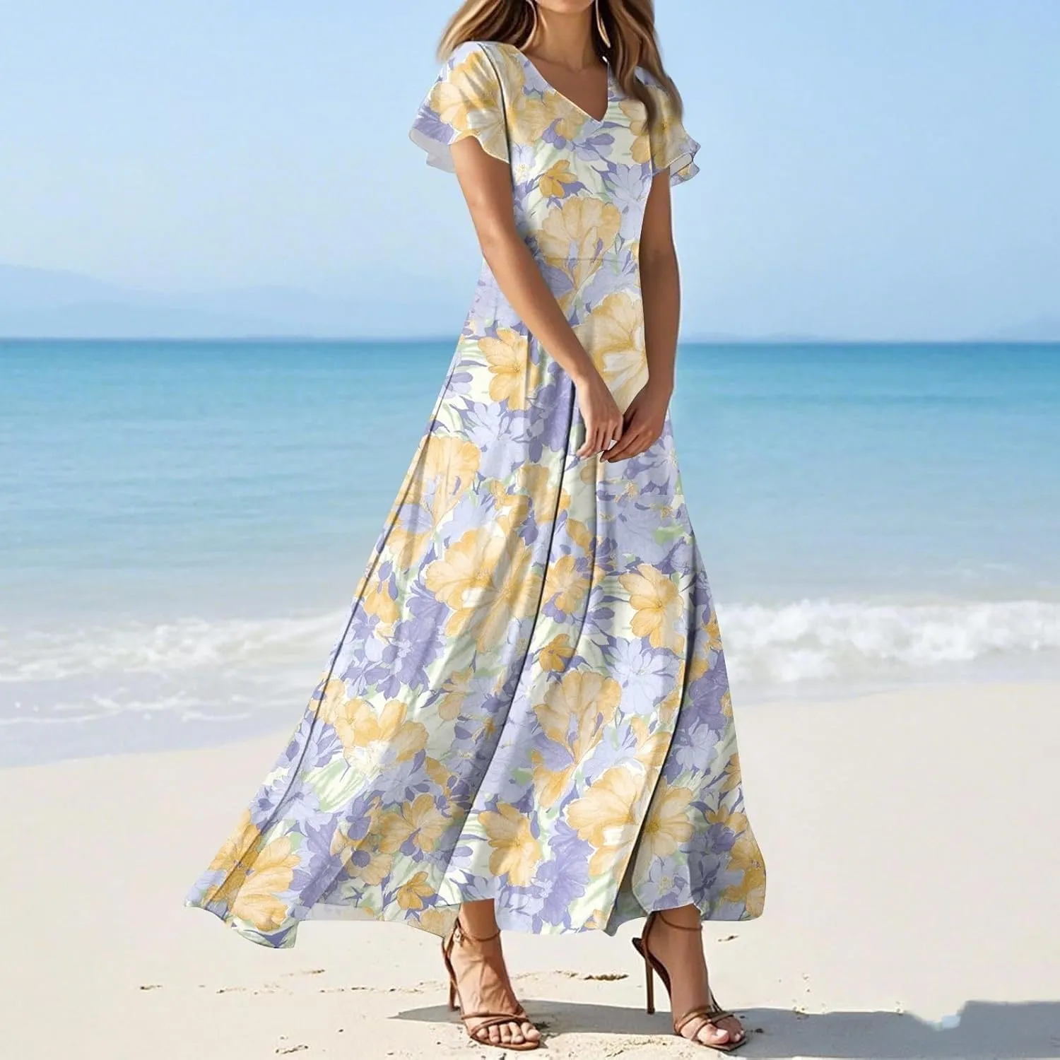 Cute Floral Maxi Dresses for Women 2025 Flowy Short Sleeve Chiffon Dress Summer Casual Prom Beach Clothes Easter Dress