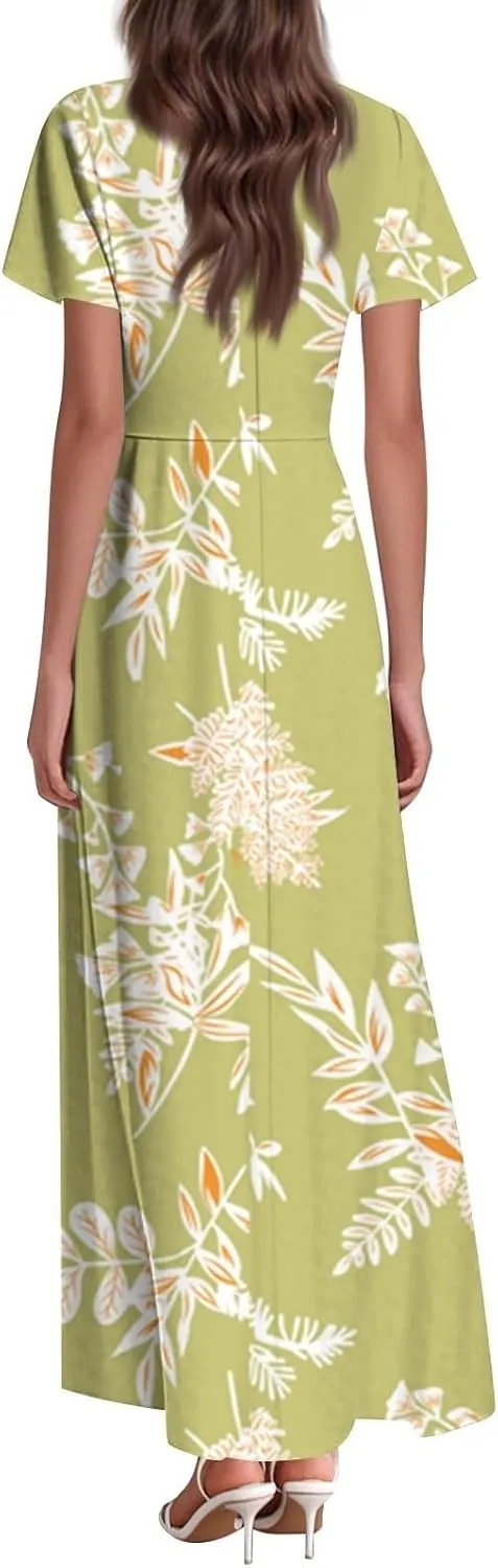 Cute Floral Maxi Dresses for Women 2025 Flowy Short Sleeve Chiffon Dress Summer Casual Prom Beach Clothes Easter Dress