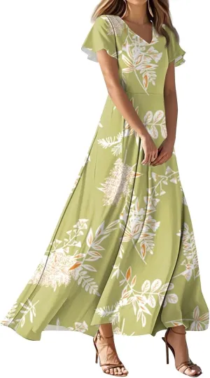 Cute Floral Maxi Dresses for Women 2025 Flowy Short Sleeve Chiffon Dress Summer Casual Prom Beach Clothes Easter Dress