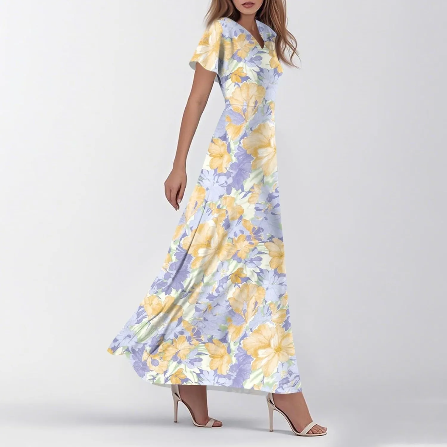 Cute Floral Maxi Dresses for Women 2025 Flowy Short Sleeve Chiffon Dress Summer Casual Prom Beach Clothes Easter Dress