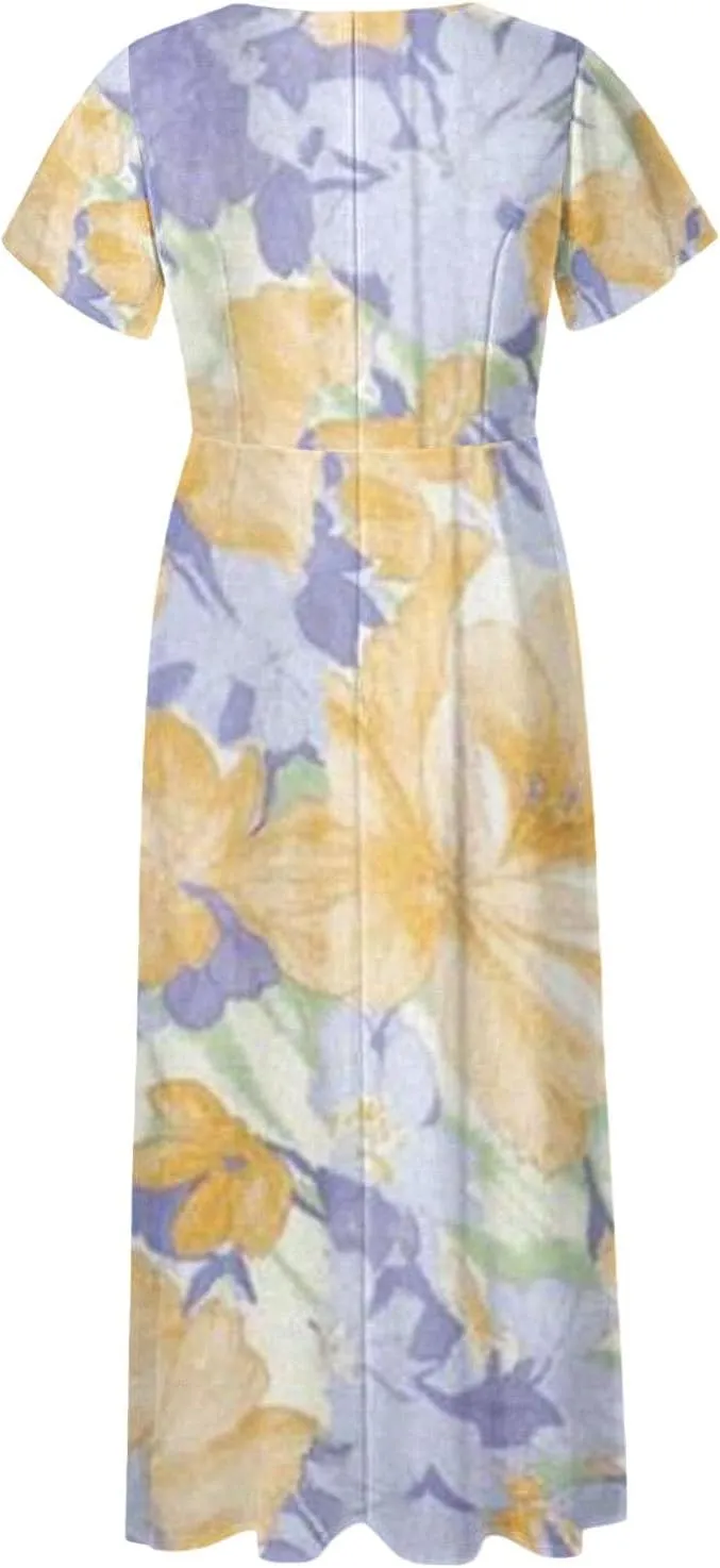 Cute Floral Maxi Dresses for Women 2025 Flowy Short Sleeve Chiffon Dress Summer Casual Prom Beach Clothes Easter Dress