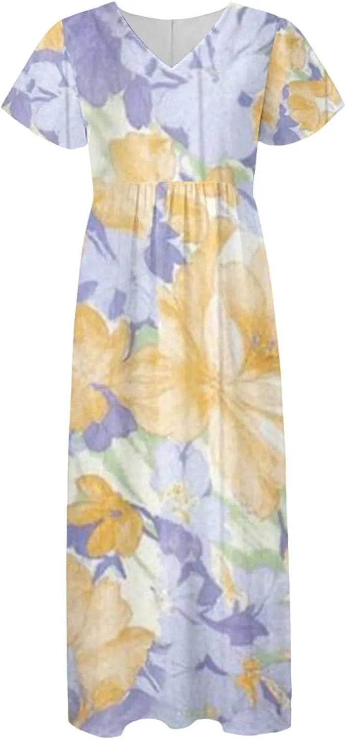 Cute Floral Maxi Dresses for Women 2025 Flowy Short Sleeve Chiffon Dress Summer Casual Prom Beach Clothes Easter Dress