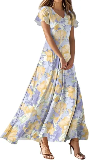 Cute Floral Maxi Dresses for Women 2025 Flowy Short Sleeve Chiffon Dress Summer Casual Prom Beach Clothes Easter Dress