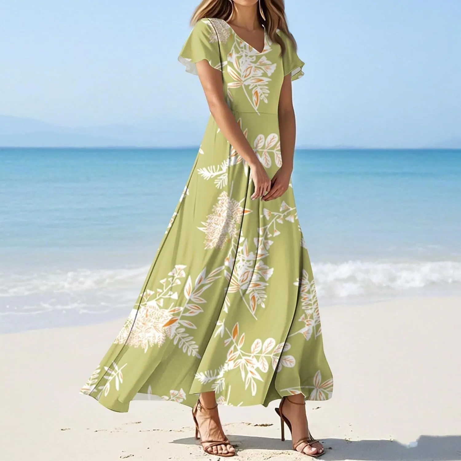 Cute Floral Maxi Dresses for Women 2025 Flowy Short Sleeve Chiffon Dress Summer Casual Prom Beach Clothes Easter Dress