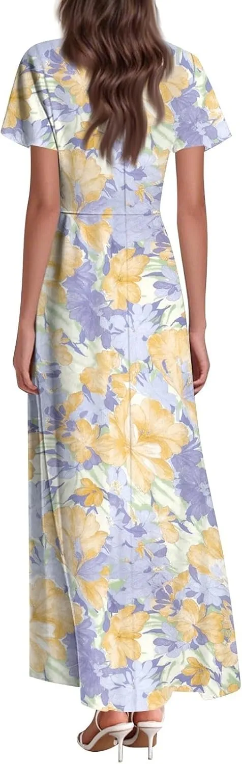 Cute Floral Maxi Dresses for Women 2025 Flowy Short Sleeve Chiffon Dress Summer Casual Prom Beach Clothes Easter Dress