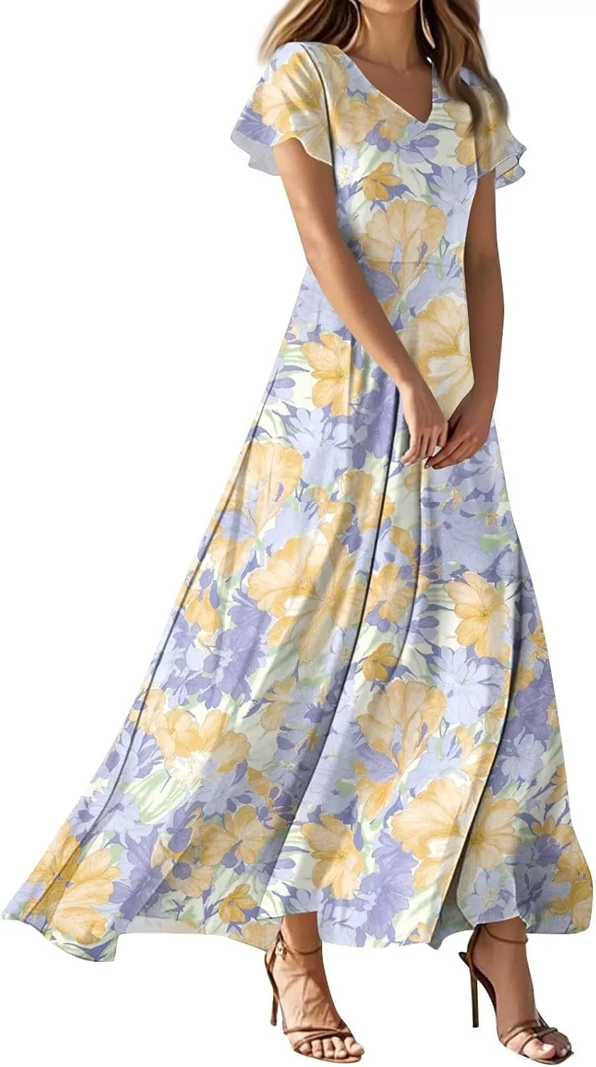 Cute Floral Maxi Dresses for Women 2025 Flowy Short Sleeve Chiffon Dress Summer Casual Prom Beach Clothes Easter Dress