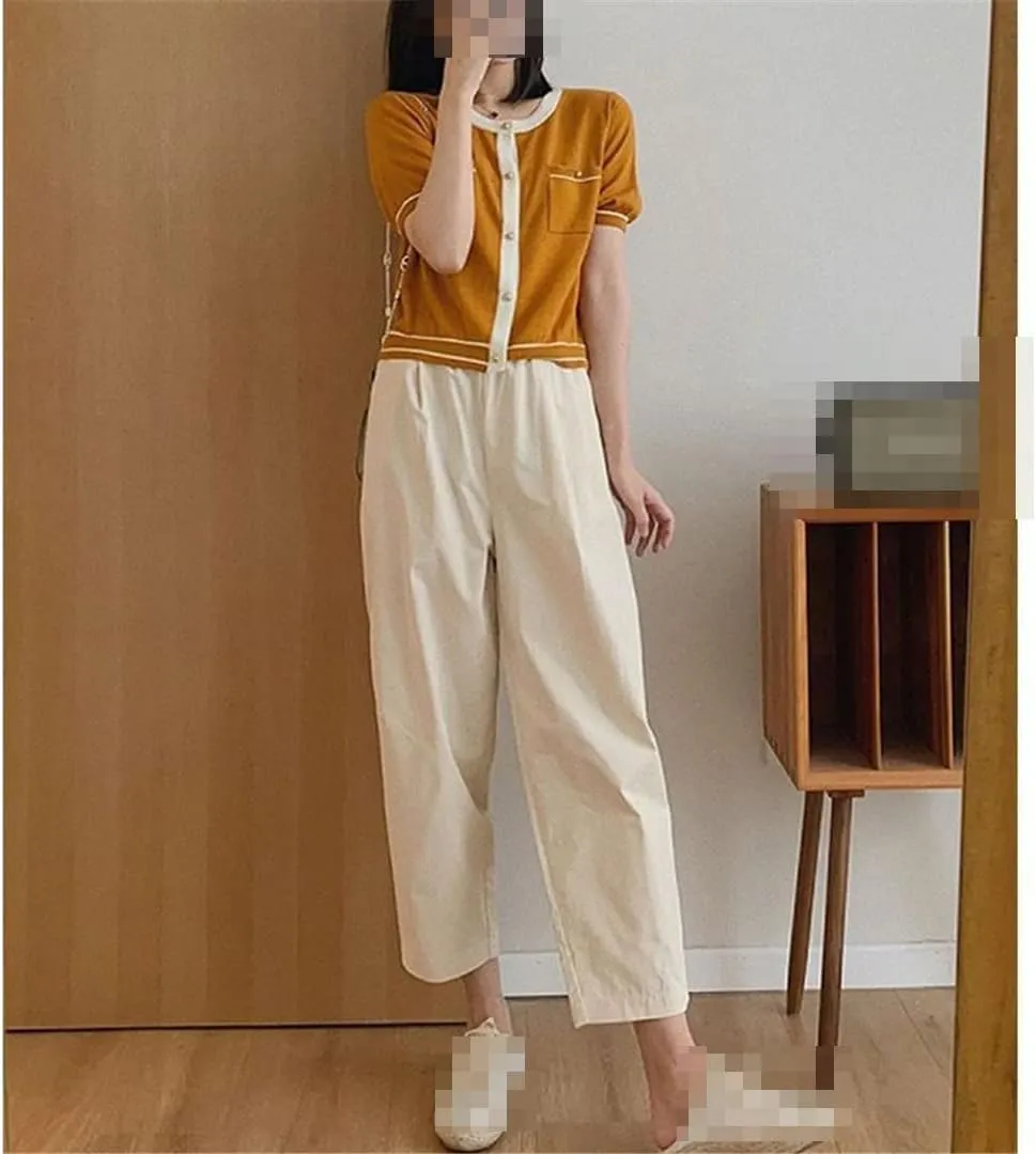 Deepsko Women's Spring and Summer Korean Style Retro Cotton Cropped Elastic Waist Harem Pants
