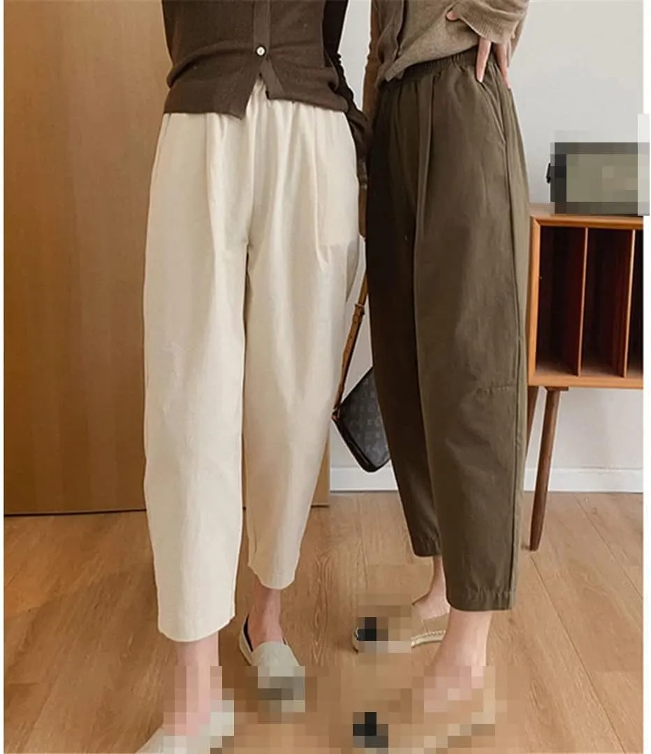 Deepsko Women's Spring and Summer Korean Style Retro Cotton Cropped Elastic Waist Harem Pants
